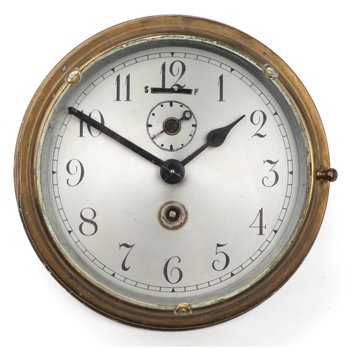 42 - Brass ship's bulkhead design wall clock with silvered dial having Arabic numerals