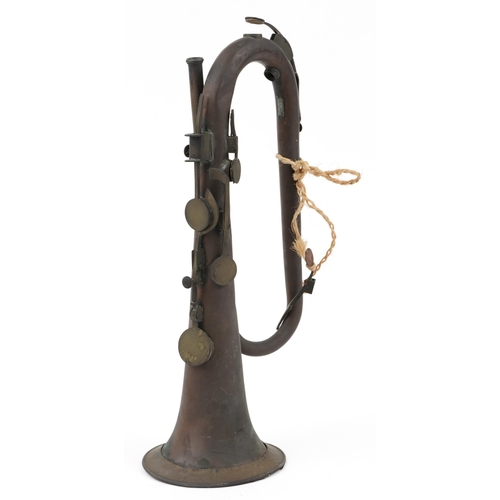 418 - Military interest Royal Kent copper and brass bugle engraved Royal Kent Bugle Patent, 44cm in length