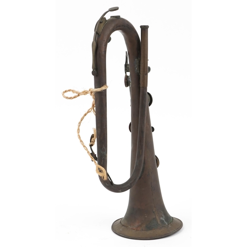 418 - Military interest Royal Kent copper and brass bugle engraved Royal Kent Bugle Patent, 44cm in length