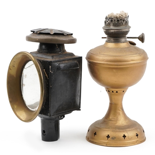 601 - Gilt painted oil lamp and a carriage lantern with bevelled glass panels