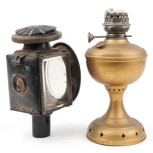 601 - Gilt painted oil lamp and a carriage lantern with bevelled glass panels