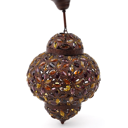 116 - Pair of Moroccan bronzed light pendants with coloured glass beads, 50cm high