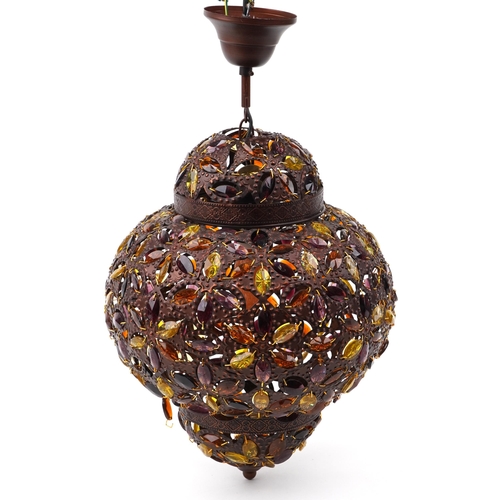 116 - Pair of Moroccan bronzed light pendants with coloured glass beads, 50cm high