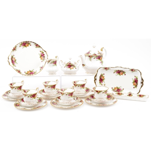 480 - Royal Albert Old Country Roses six place tea service with teapot, lidded sugar bowl and milk jug, th... 