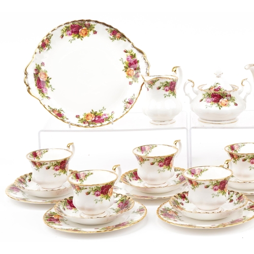 480 - Royal Albert Old Country Roses six place tea service with teapot, lidded sugar bowl and milk jug, th... 