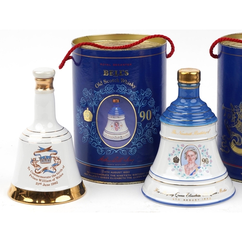 1162 - Four sealed Wade Bells Old Scotch Whisky commemorative decanters with contents, two with cases