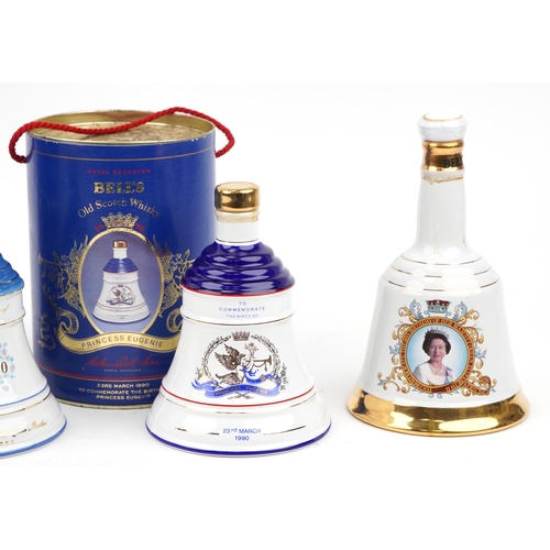 1162 - Four sealed Wade Bells Old Scotch Whisky commemorative decanters with contents, two with cases