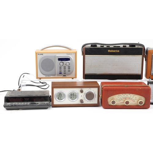 617 - Collection of vintage and later radios including Roberts, Benkson and Bush, the largest 31cm wide