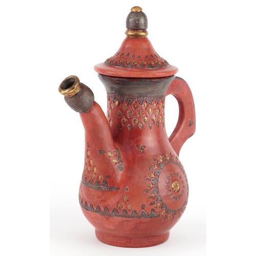 287 - Turkish Tophane terracotta coffee pot with gilt decoration, 21cm high