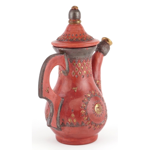 287 - Turkish Tophane terracotta coffee pot with gilt decoration, 21cm high