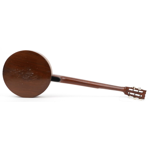 415 - T Bostock of London, 19th century mahogany and rosewood banjo, 93.5cm in length