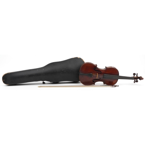 408 - Old wooden violin with one piece back, the violin with rosewood mount and fitted carrying case, the ... 