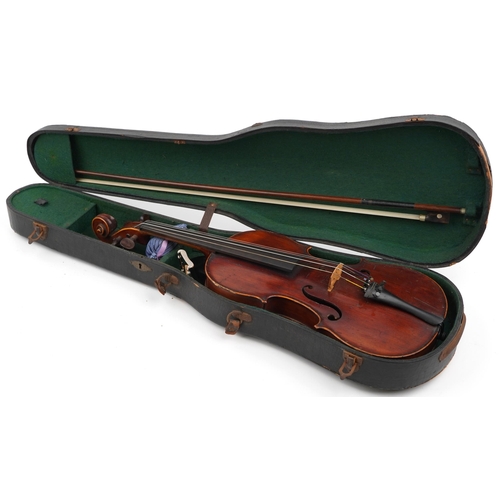 408 - Old wooden violin with one piece back, the violin with rosewood mount and fitted carrying case, the ... 