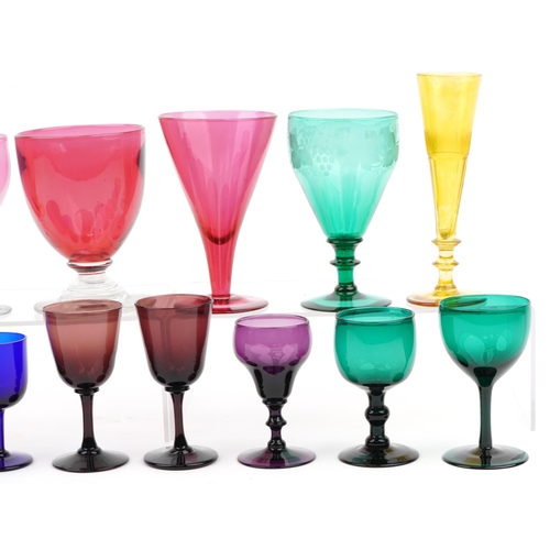 226 - 18th century and later glassware including cranberry ale glasses, pair of amber flutes and 
 purple ... 