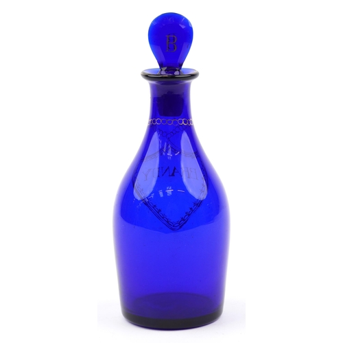 225 - George III Bristol blue decanter inscribed Brandy, 21.5cm high