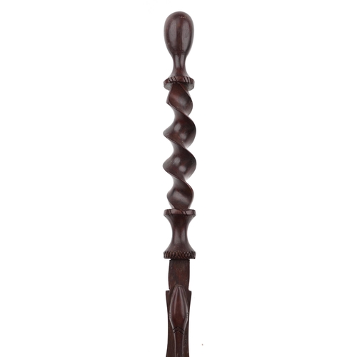 508 - Tribal interest hardwood walking stick carved with a serpent, 93cm in length