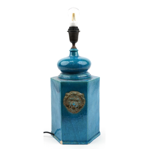 586 - Chinese style turquoise glazed hexagonal table lamp with lion masks, 50cm high