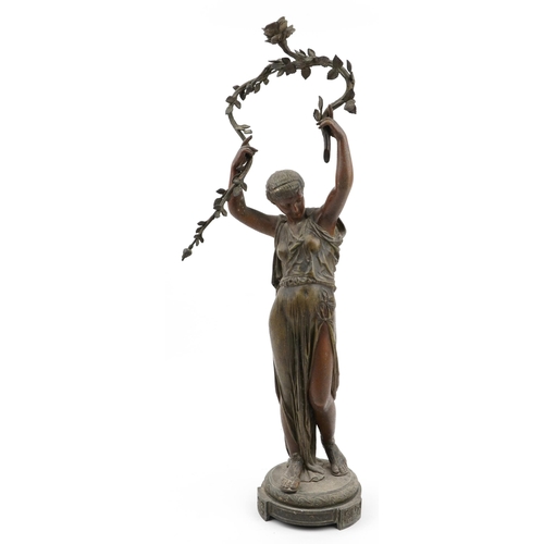 160 - 19th century patinated spelter classical table lamp in the form of a maiden holding flowers, 83cm hi... 