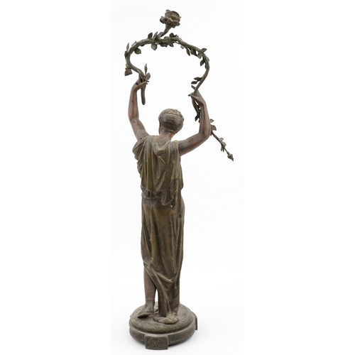 160 - 19th century patinated spelter classical table lamp in the form of a maiden holding flowers, 83cm hi... 