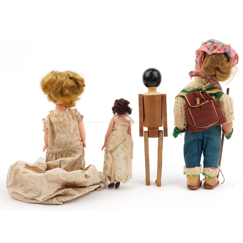 1398 - Three vintage composite dolls and a wooden doll with jointed limbs including Rosebud doll with box, ... 