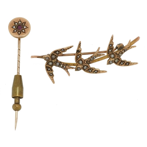 2155 - Victorian 9ct gold seed pearl swallow brooch and 9ct gold ruby and seed pearl stickpin, the largest ... 