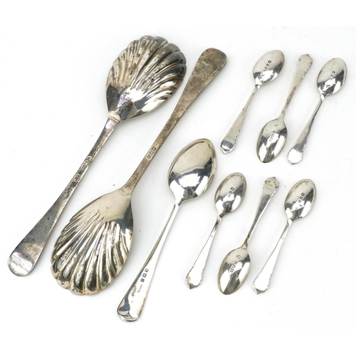 233 - Victorian and later spoons including a pair of tablespoons with shell shaped bowls by G J D F London... 