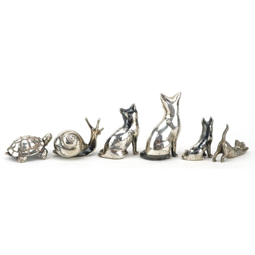 139 - Six miniature silver animals comprising three cats, tortoise, snail and dog, the largest 4cm high, t... 