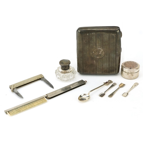 232 - Silver objects including a rectangular cigarette case, circular pillbox and folding comb, the larges... 