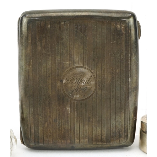 232 - Silver objects including a rectangular cigarette case, circular pillbox and folding comb, the larges... 