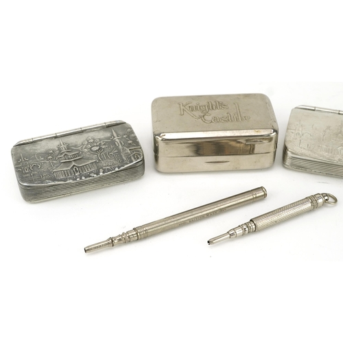 1227 - Three pewter snuff boxes together with two propelling pencils and one other case including two Fribo... 