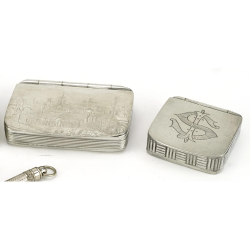 1227 - Three pewter snuff boxes together with two propelling pencils and one other case including two Fribo... 