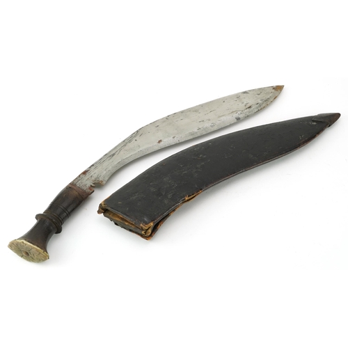 1561 - Gurkha's kukri knife with steel blade and leather sheath, 42cm in length