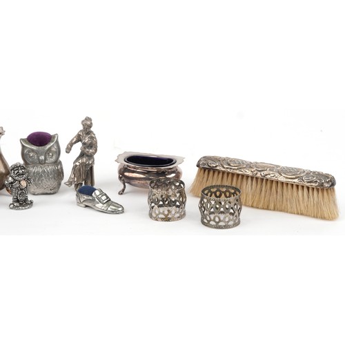 570 - Silver and silverplate including a silver mustard with blue glass liner, Art Deco style Harrods thre... 