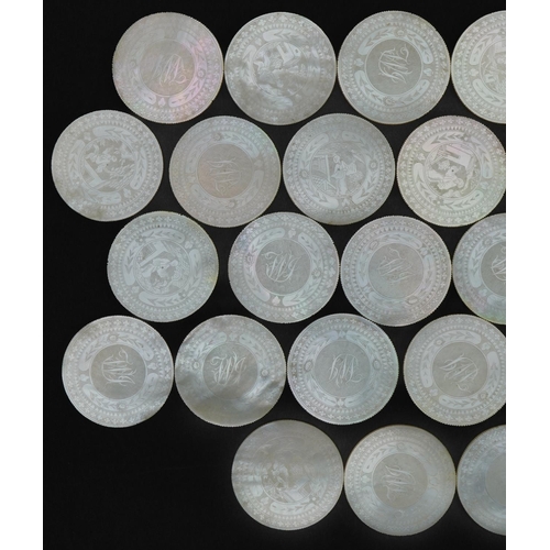 186 - Good collection of thirty Chinese Canton mother of pearl gaming counters carved with figures and flo... 