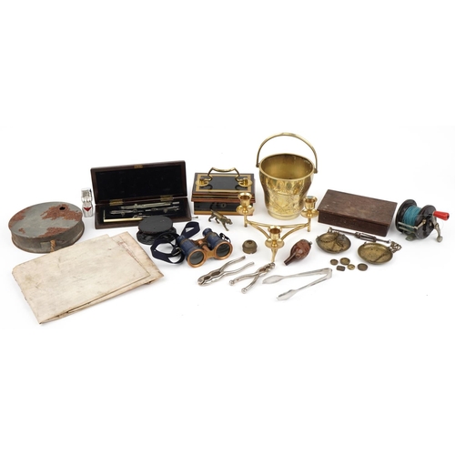 393 - Sundry items including a 19th century Chubb & Sons cash tin, W & T Avery scales, Bakelite fishing re... 