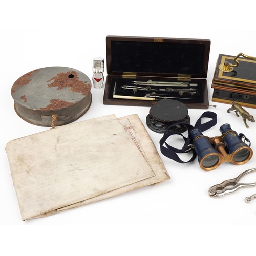 393 - Sundry items including a 19th century Chubb & Sons cash tin, W & T Avery scales, Bakelite fishing re... 