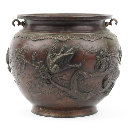 248 - Japanese patinated bronze jardiniere cast in relief with birds amongst flowers