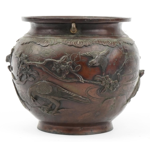 248 - Japanese patinated bronze jardiniere cast in relief with birds amongst flowers