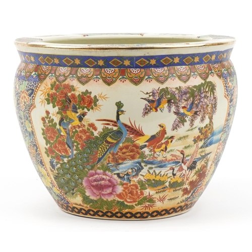 587 - Chinese porcelain jardiniere decorated with peacocks, flowers and fish, 28.5cm high x 37cm in diamet... 