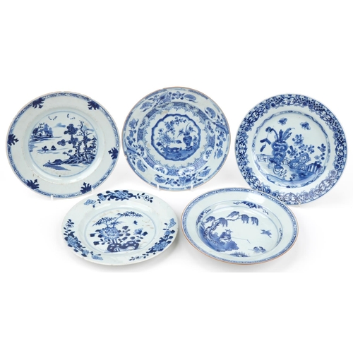 274 - Four Chinese blue and white porcelain plates and a soup bowl hand painted with a fisherman in a land... 