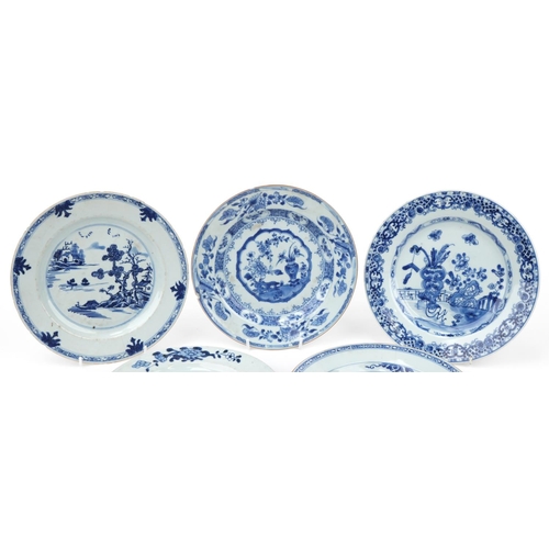 274 - Four Chinese blue and white porcelain plates and a soup bowl hand painted with a fisherman in a land... 