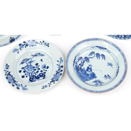 274 - Four Chinese blue and white porcelain plates and a soup bowl hand painted with a fisherman in a land... 