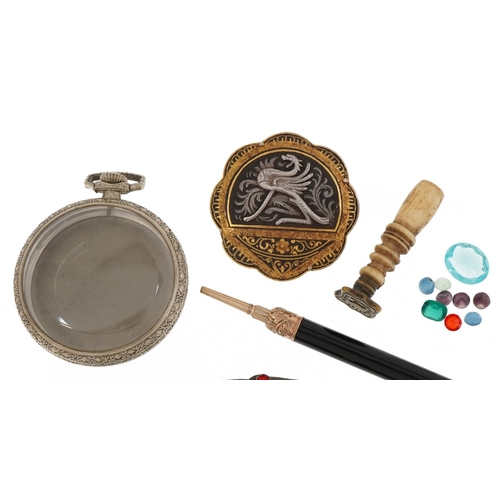 1212 - Sundry items including a two piece buckle, pocket watch case, 19th century bone handled seal and pro... 