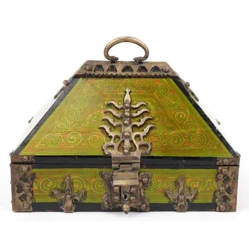 195 - Indian hardwood dowry box with bronzed metal mounts hand painted with stylised motifs, 19cm H x 30.5... 