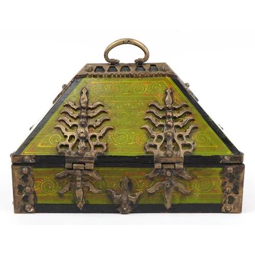 195 - Indian hardwood dowry box with bronzed metal mounts hand painted with stylised motifs, 19cm H x 30.5... 