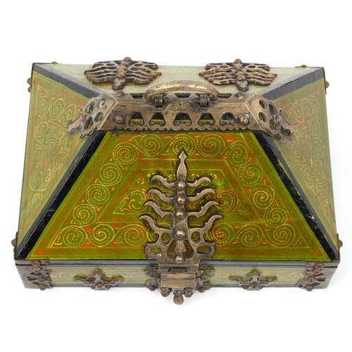 195 - Indian hardwood dowry box with bronzed metal mounts hand painted with stylised motifs, 19cm H x 30.5... 