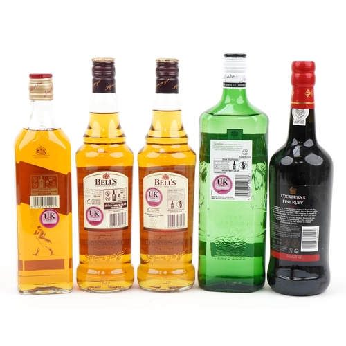 1161 - Five bottles of alcohol comprising Johnny Walker Red Label whisky, Bell's Scotch whisky, Gordon's gi... 