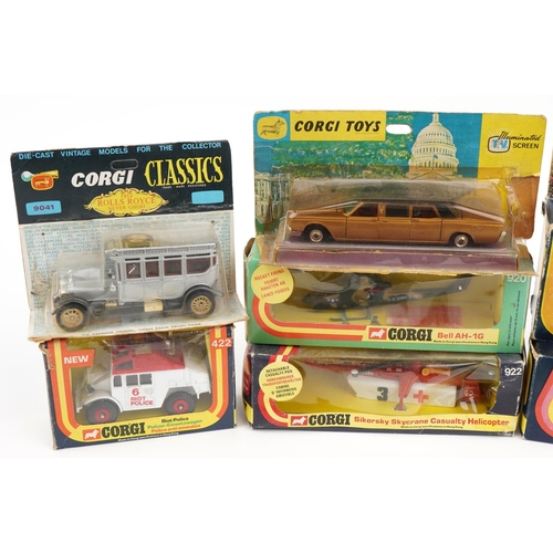 1491 - Eight vintage Corgi diecast vehicles with boxes including Silver Streak Swedish jet car, Sikorsky Sk... 