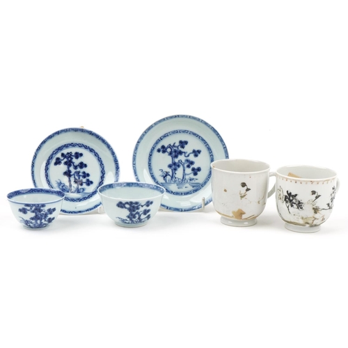 126 - Chinese blue and white porcelain from the Nanking Cargo comprising two tea bowls with saucers and tw... 