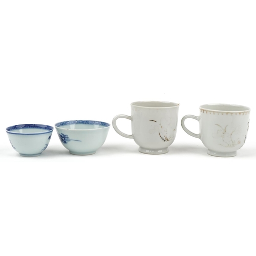 126 - Chinese blue and white porcelain from the Nanking Cargo comprising two tea bowls with saucers and tw... 